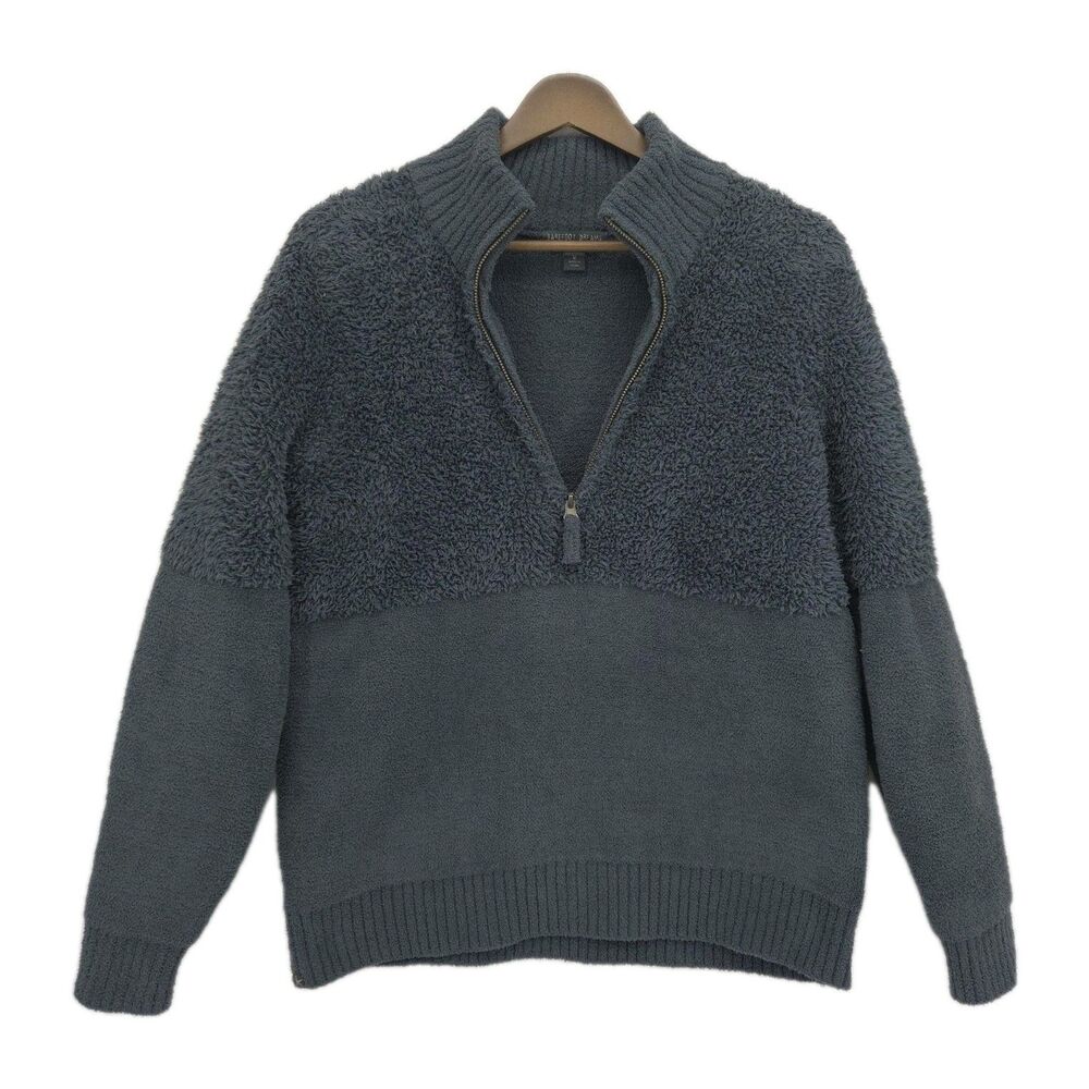 Barefoot Dreams Cozychic Mixed Shearling 1/4 Zip Pullover Smoky Blue Medium
